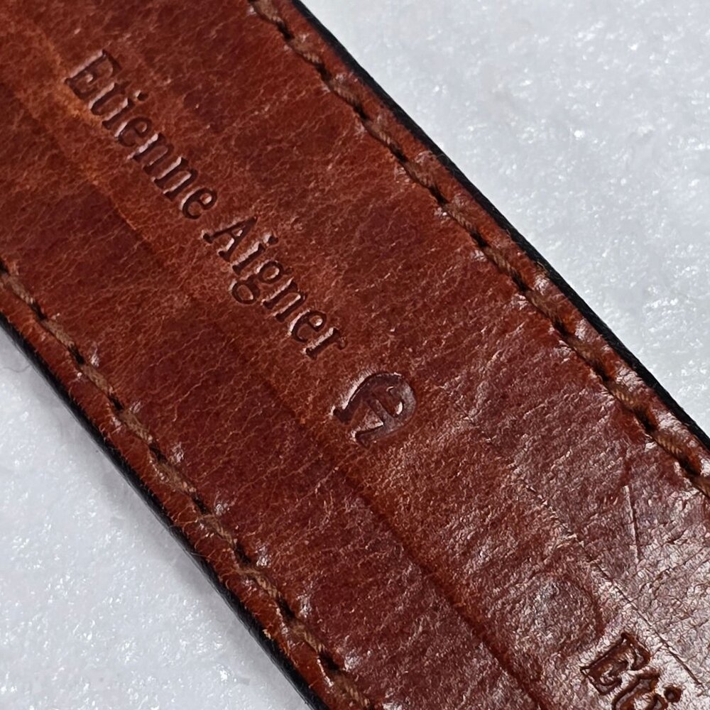 Vtg 90s Etienne Aigner Branded Cognac Brown Leather Belt with Gold Buckle, XL - Picture 8 of 9